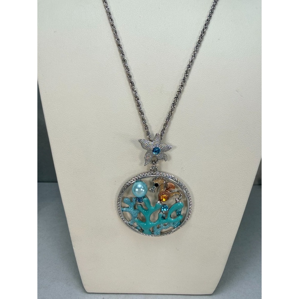 Ocean Seahorse Coral Pendant Necklace Blue Crystal Beach Coastal Jewelry Silver